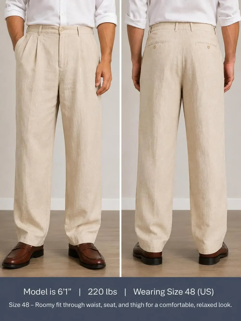 Inserch Lot Of 2 Mens Pants Beige 100% Linen Pleated Front Dress Pants Straight